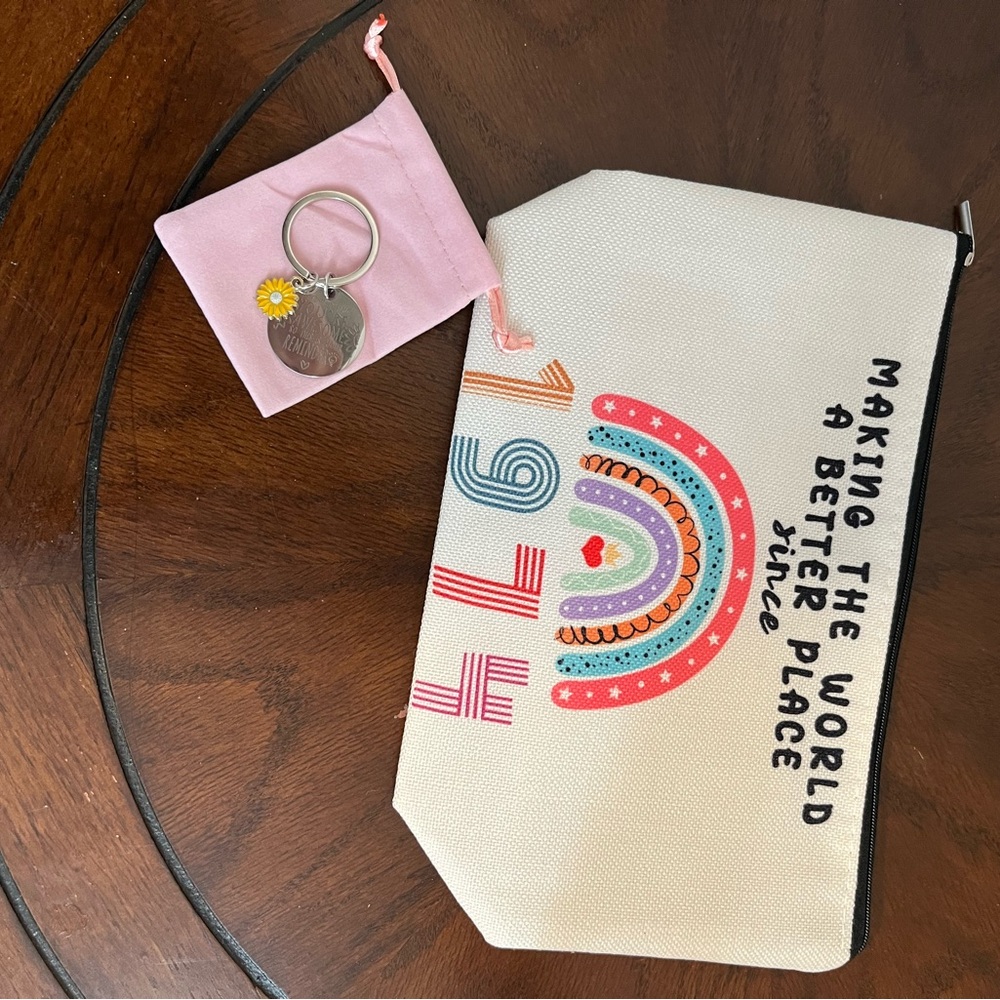 Pink and White Canvas Bags with Rainbow Design